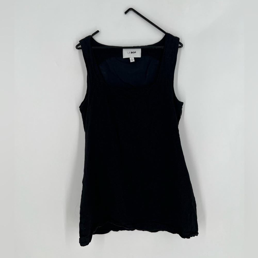 Le Bop Della Black Slim Square Neck Mini Linen Blend Dress